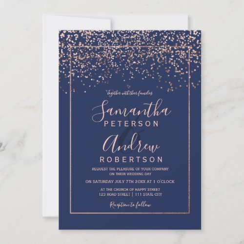 Navy blue Rose gold confetti typography wedding Invitation
