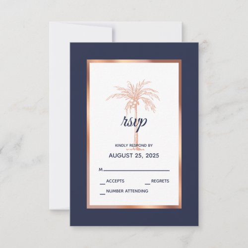 Navy Blue Rose Gold Copper Palm Tree Beach Wedding RSVP Card