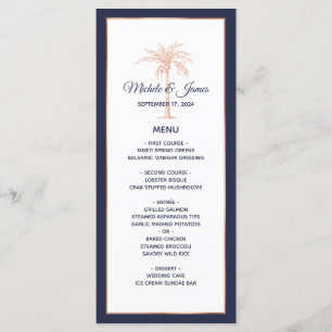 Navy Blue Rose Gold Copper Palm Tree Wedding Menu