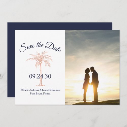 Navy Blue Rose Gold Copper Palm Tree Wedding Photo Save The Date