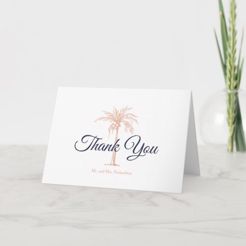 Navy Blue Rose Gold Copper Palm Tree Wedding Photo Thank You Card