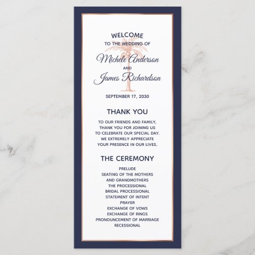 Navy Blue Rose Gold Copper Palm Tree Wedding Program