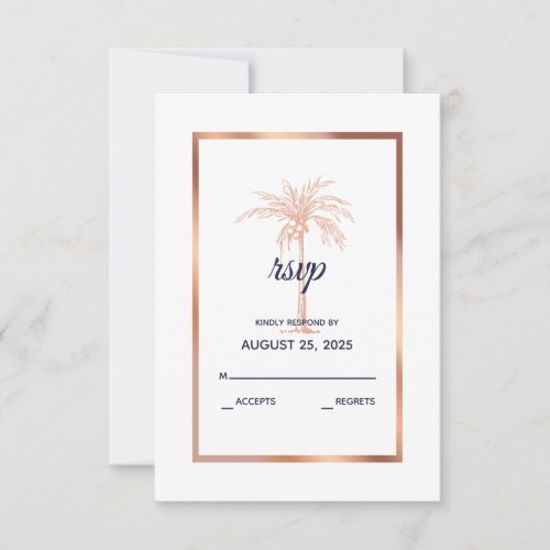 Navy Blue Rose Gold Copper Palm Tree Wedding RSVP Card