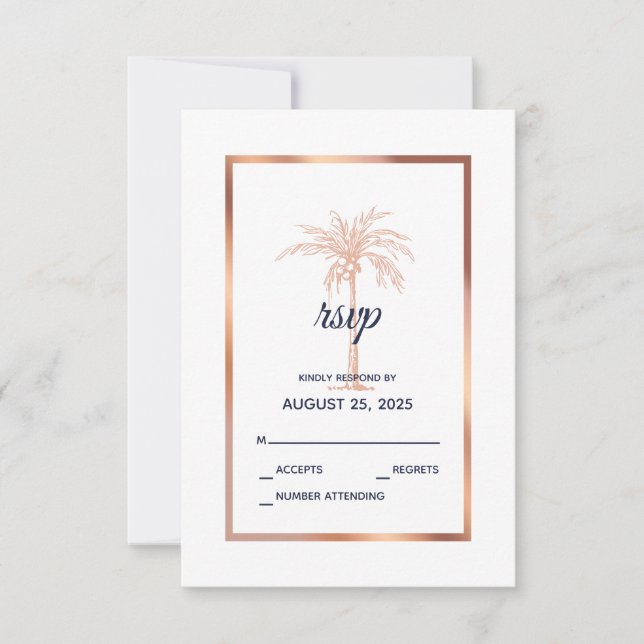 Navy Blue Rose Gold Copper Palm Tree Wedding RSVP Card (Front)