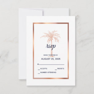 Navy Blue Rose Gold Copper Palm Tree Wedding RSVP Card