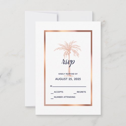 Navy Blue Rose Gold Copper Palm Tree Wedding RSVP Card