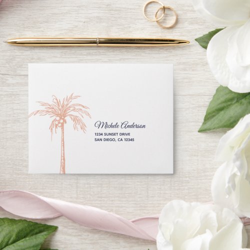 Navy Blue Rose Gold Copper Palm Tree Wedding RSVP Envelope