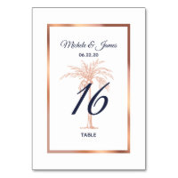 Navy Blue Rose Gold Copper Palm Tree Wedding Table Number