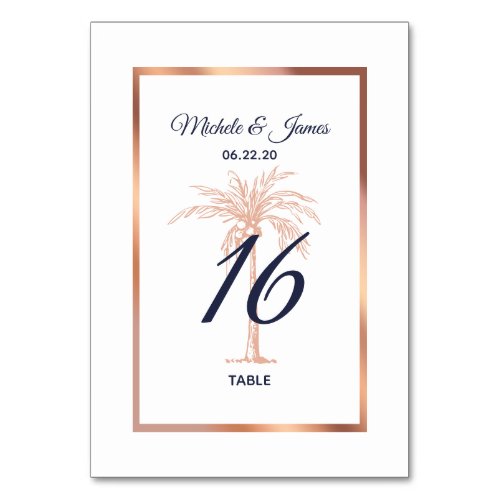 Navy Blue Rose Gold Copper Palm Tree Wedding Table Number