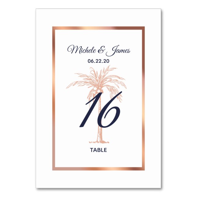 Navy Blue Rose Gold Copper Palm Tree Wedding Table Number (Front)
