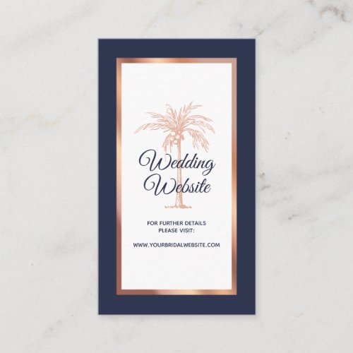 Navy Blue Rose Gold Copper Palm Wedding Website Enclosure Card