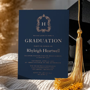 Navy Blue Rose Gold Crest Graduation Party Foil Invitation