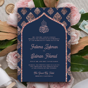 Navy Blue Rose Gold Damask Arch Muslim Wedding Invitation