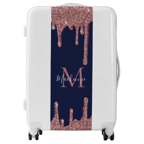 Navy Blue Rose Gold Double Glitter Drips Monogram Luggage