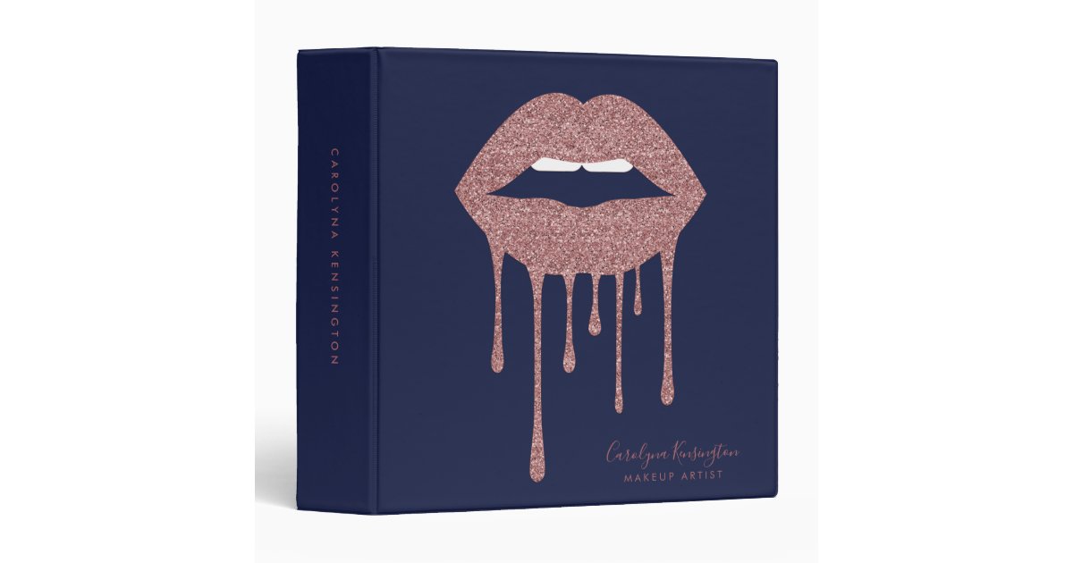 Navy Blue Rose Gold Dripping Glitter Lips 3 Ring Binder | Zazzle