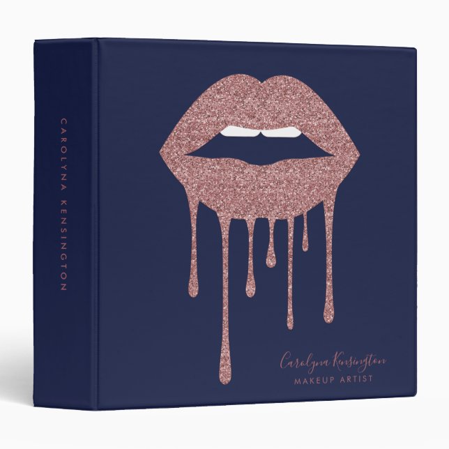 Navy Blue Rose Gold Dripping Glitter Lips 3 Ring Binder (Front/Spine)