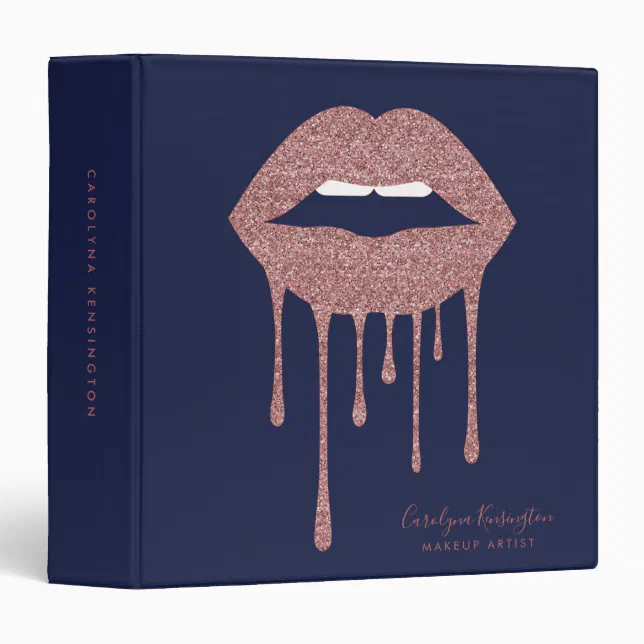 Navy Blue Rose Gold Dripping Glitter Lips 3 Ring Binder | Zazzle