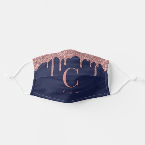 Navy Blue Rose Gold Dripping Glitter Monogram Adult Cloth Face Mask