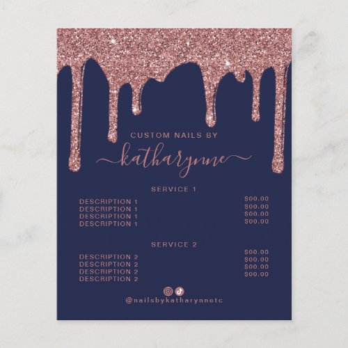 Navy Blue Rose Gold Dripping Glitter Price List Flyer