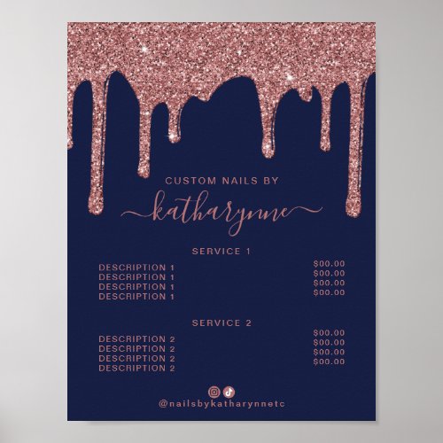 Navy Blue Rose Gold Dripping Glitter Price List Poster
