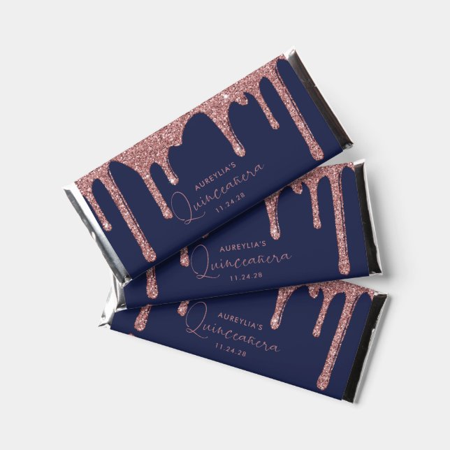 Navy Blue Rose Gold Dripping Glitter Quinceanera Hershey Bar Favors (Front)