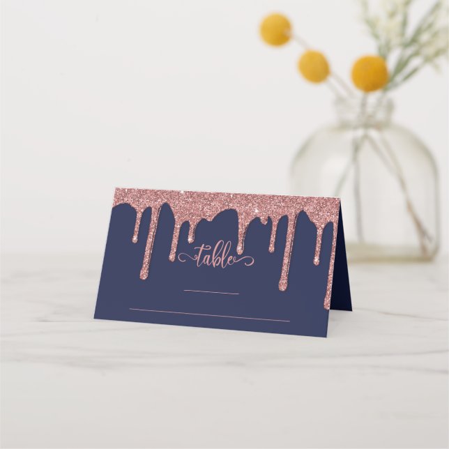 Navy Blue Rose Gold Dripping Glitter Wedding Place Card (Front)