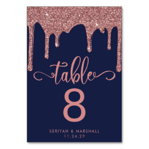 Navy Blue Rose Gold Dripping Glitter Wedding Table Number