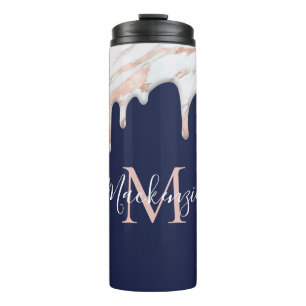 Navy Blue Rose Gold Dripping Marble Monogram Thermal Tumbler