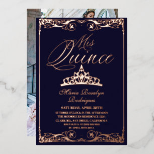 Navy Blue & Rose Gold Elegant Quinceanera  Photo  Foil Invitation