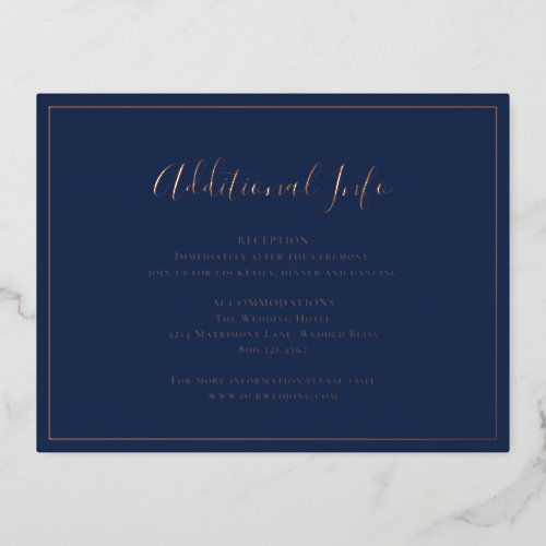 Navy Blue Rose Gold Elegant Wedding Enclosure Card