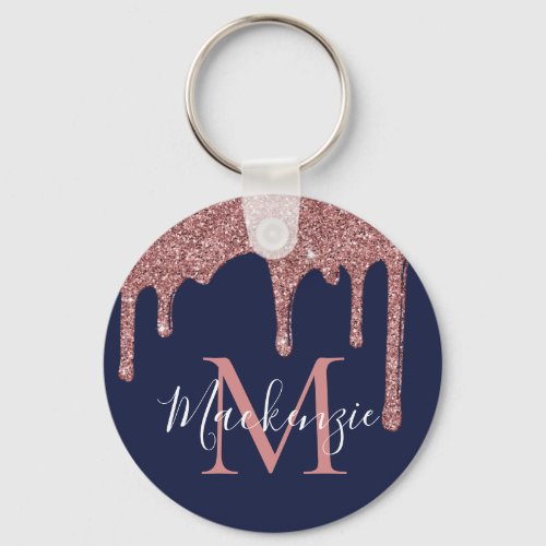 Navy Blue Rose Gold Faux Glitter Drips Monogram Keychain