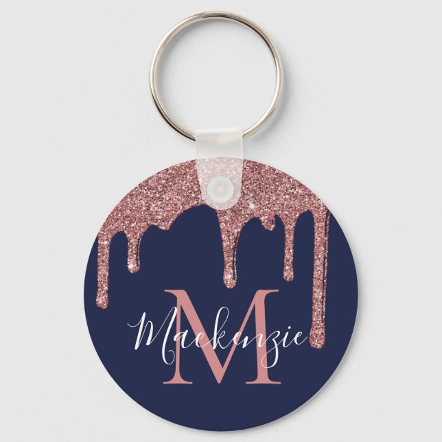 Navy Blue Rose Gold Faux Glitter Drips Monogram Keychain (Front)