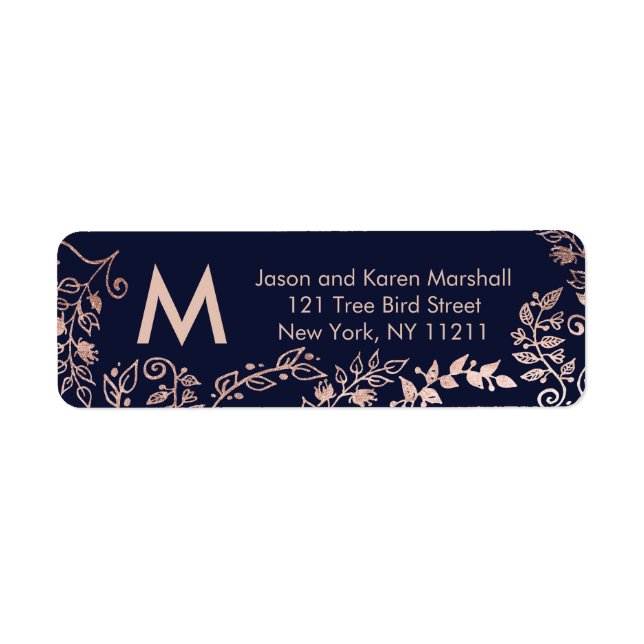 Navy Blue Rose Gold Floral Address Labels (Front)
