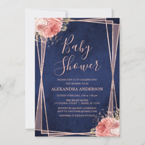 Navy Blue Rose Gold Floral Baby Shower Invitation