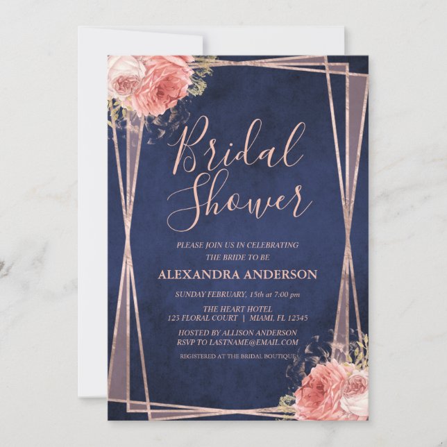 Navy Blue Rose Gold Floral Bridal Shower Invitation (Front)