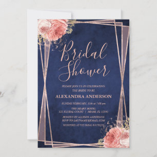 Navy Blue Rose Gold Floral Bridal Shower Invitation