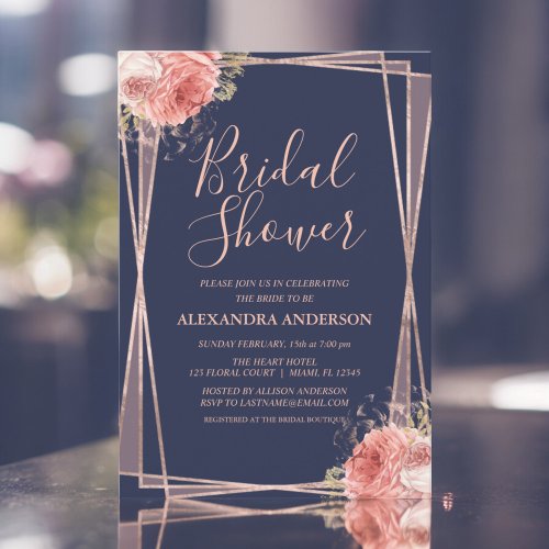 Navy Blue Rose Gold Floral Bridal Shower Invitation