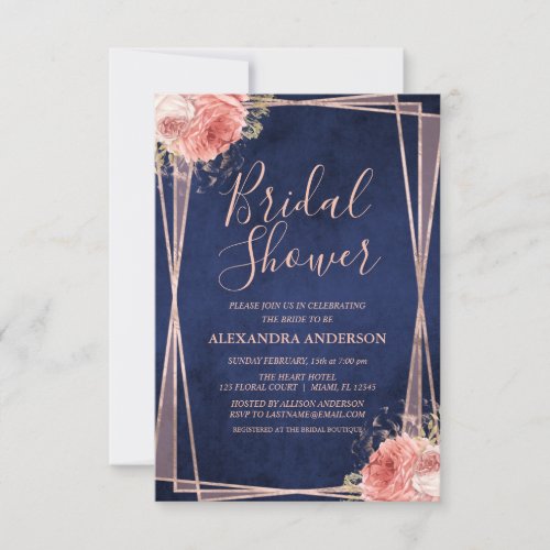 Navy Blue Rose Gold Floral Bridal Shower Invitation