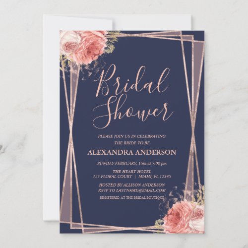 Navy Blue Rose Gold Floral Bridal Shower Invitation