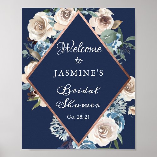 Navy Blue Rose Gold Floral Bridal Shower Sign