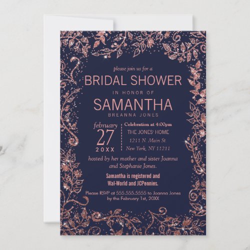 Navy Blue Rose Gold Floral Glitter Bridal Shower Invitation