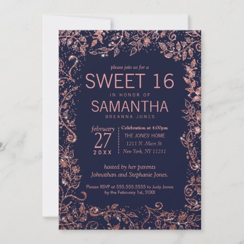 Navy Blue Rose Gold Floral Glitter Sweet 16 Invitation