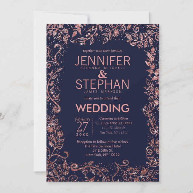 Navy Blue Rose Gold Floral Glitter Wedding Invitation (Front)