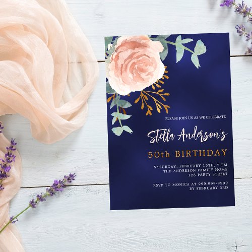 Navy blue rose gold floral green luxury birthday invitation