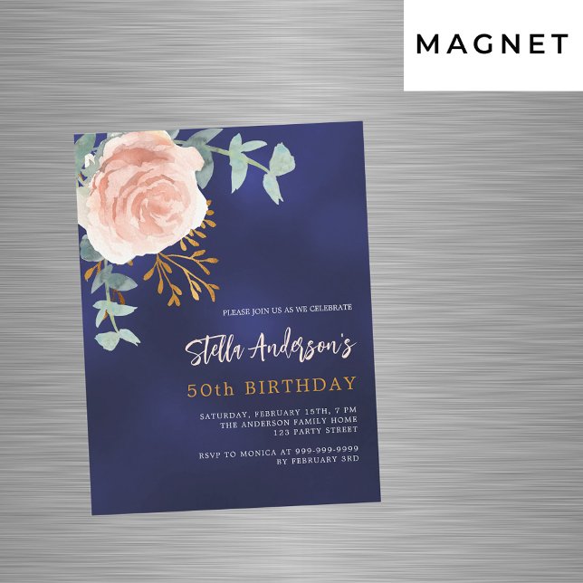 Navy blue rose gold floral green luxury birthday magnetic invitation (Creator Uploaded)