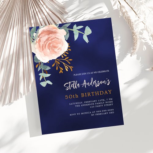 Navy blue rose gold floral greenery birthday invitation postcard