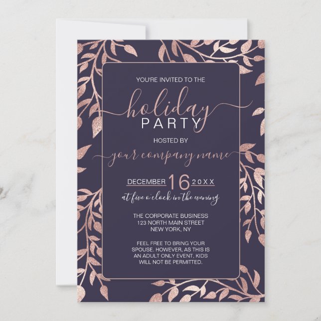 Navy Blue Rose Gold Floral Leaf Corporate Holiday Invitation (Front)