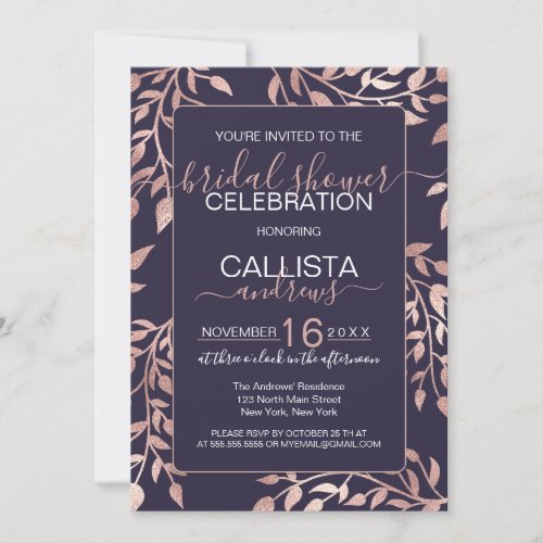 Navy Blue Rose Gold Floral Leaves Bridal Shower Invitation