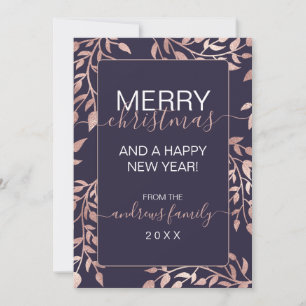 Navy Blue Rose Gold Floral Leaves Christmas Holiday Card