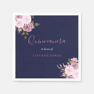 Navy Blue & Rose Gold Floral Quinceanera Party Napkins
